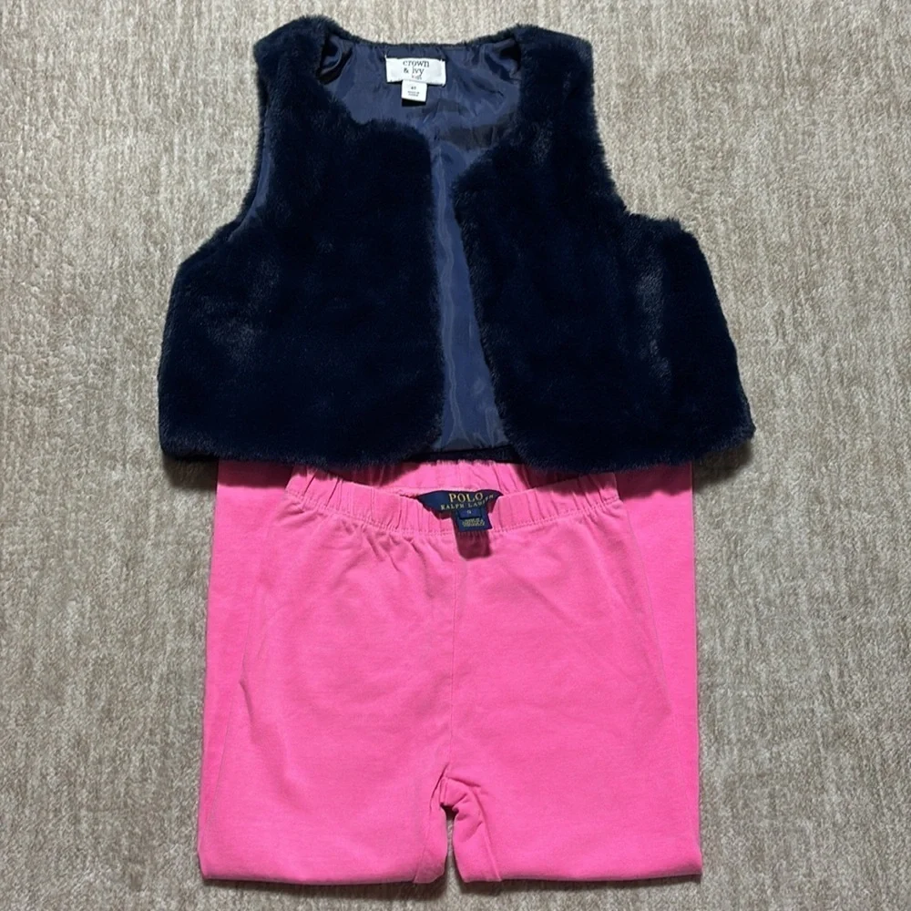 4T/5 Girl outfit Crown & Ivy faux fur vest navy pink Polo Ralph Lauren leggings